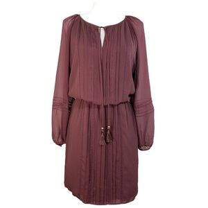 WHBM Pintuck Burgundy Dress Women's Size X-Small‎ Sheer Sleeves Lined Tassel Tie